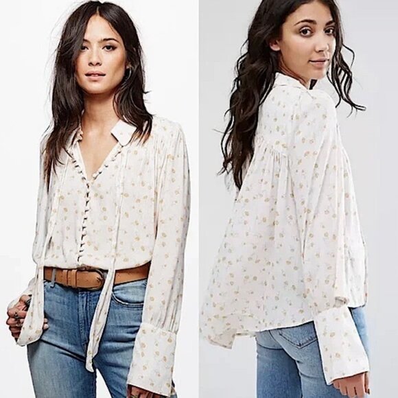 Free People Tops - Free People Modern Muse White and Yellow Floral Button Down Blouse High Low Top